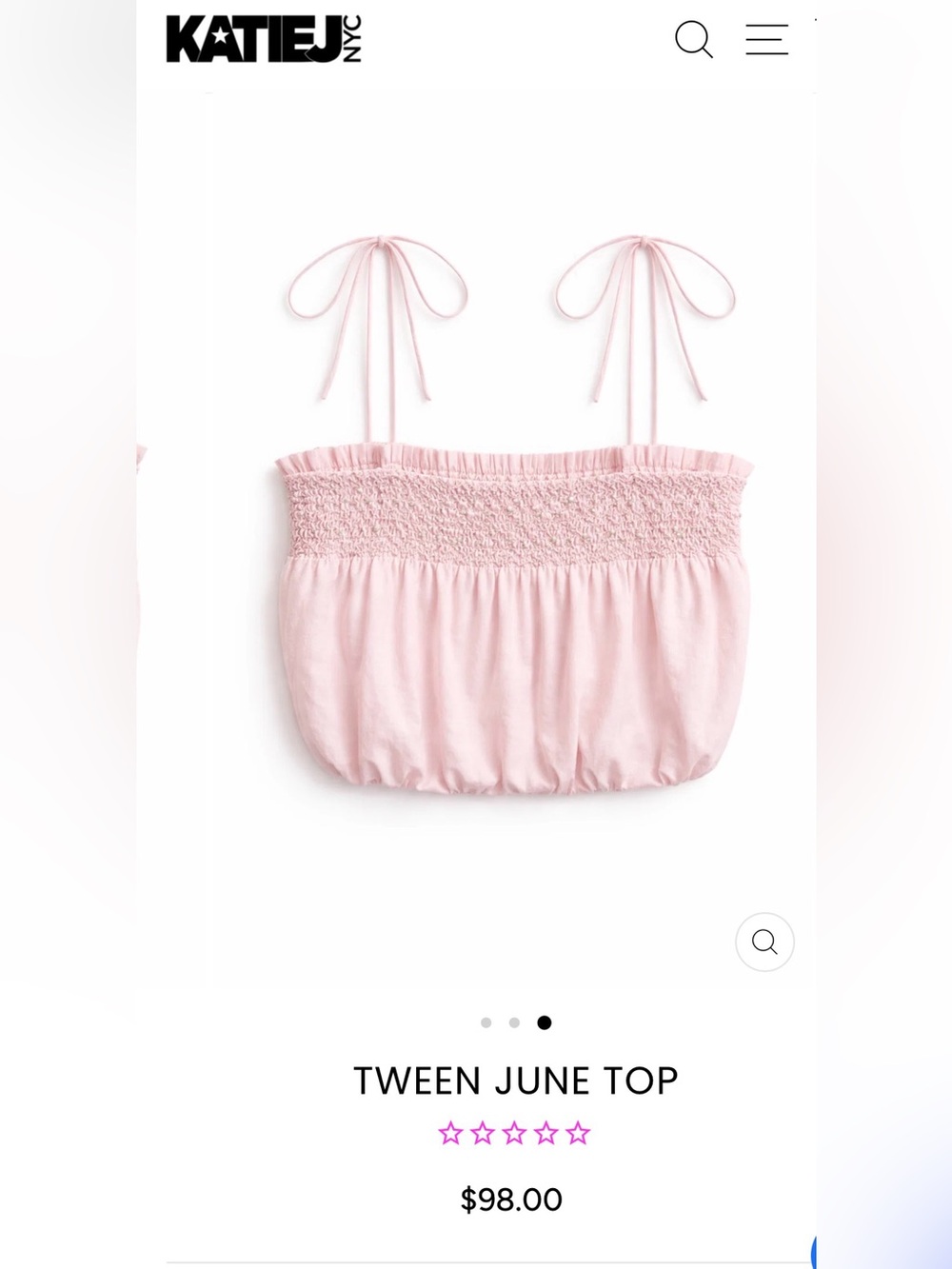 KatieJ NYC Tween June Top Pink Size Large 12 NWT Smocked Tie Strap
